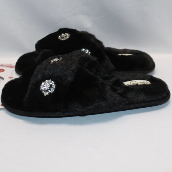 NWT Jessica Simpson Black Fur and Rhinestone Memory Foam Slippers - Picture 7 of 12